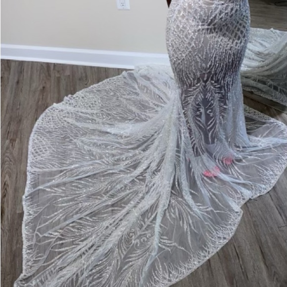 Custom Elegant Silver Gown with Intricate Patterns